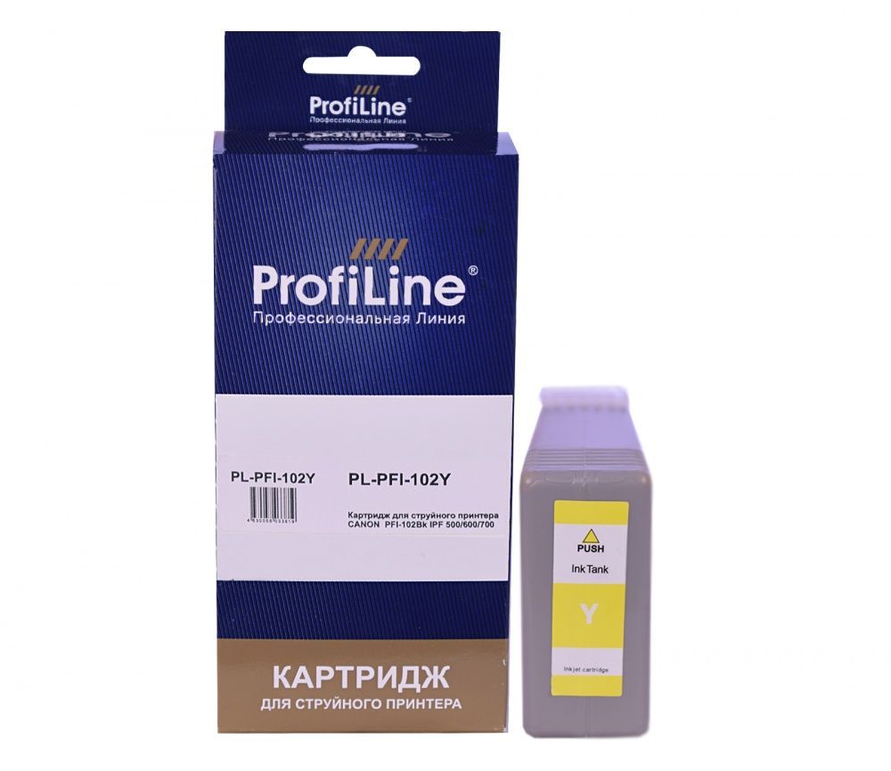 Струйный картридж PL-PFI-102Y для принтеров Canon imagePROGRAF LP17/LP24/iPF500/iPF510/iPF600/iPF605/iPF610/iPF650/iPF655/iPF700/iPF710/iPF720/iPF750/iPF755/iPF760/iPF765 с чернилами на водной основе Yellow 130 мл ProfiLine