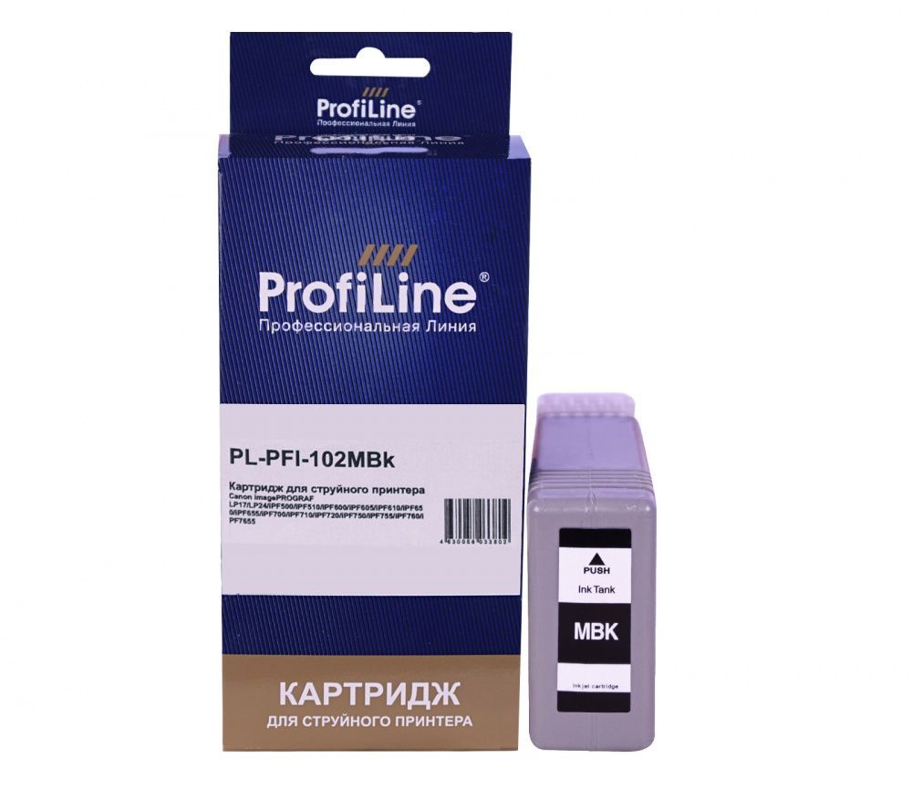 Струйный картридж PL-PFI-102MBK для принтеров Canon imagePROGRAF LP17/LP24/iPF500/iPF510/iPF600/iPF605/iPF610/iPF650/iPF655/iPF700/iPF710/iPF720/iPF750/iPF755/iPF760/iPF7655 с чернилами на водной основе Matte Black 130 мл ProfiLine